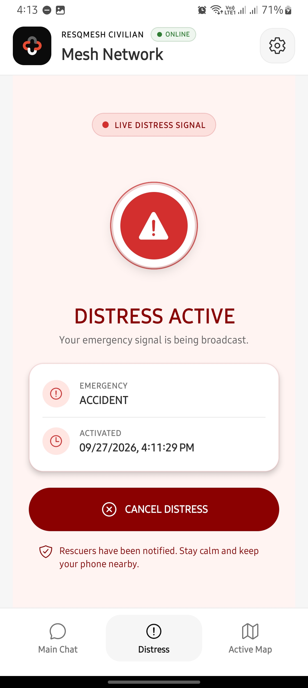 Active ResQMesh civilian distress signal screen