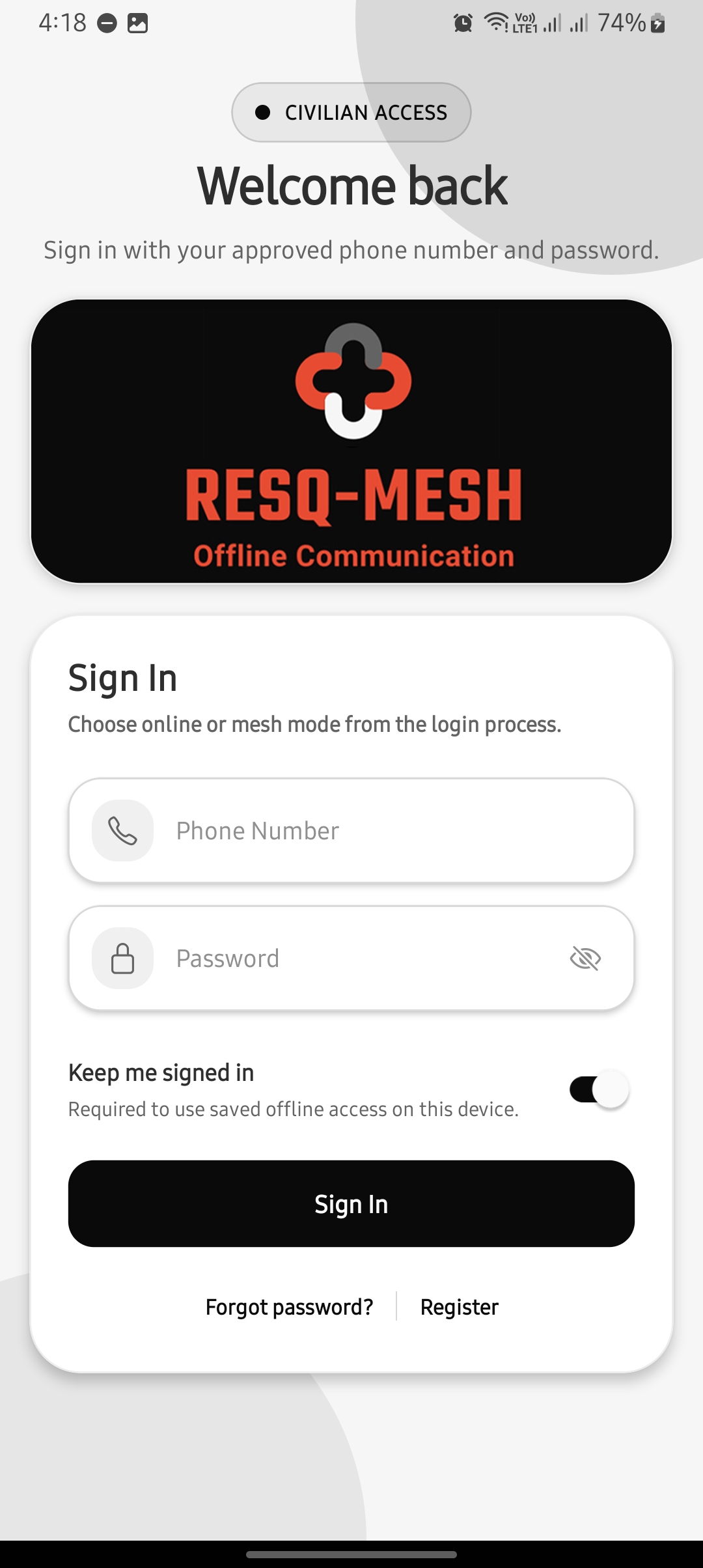 ResQMesh civilian login screen