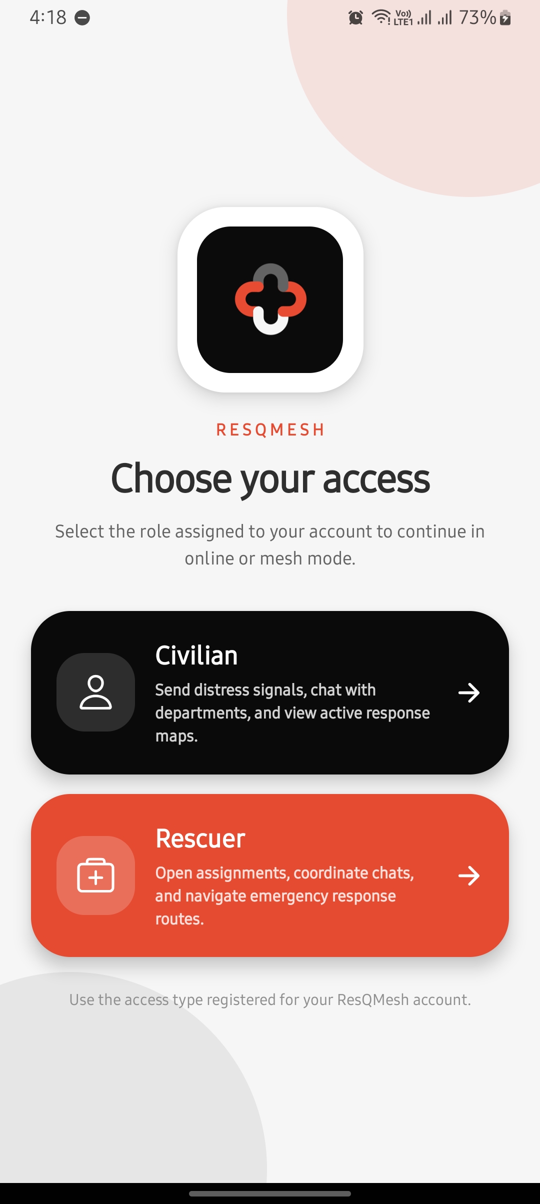 ResQMesh civilian and rescuer role selection screen